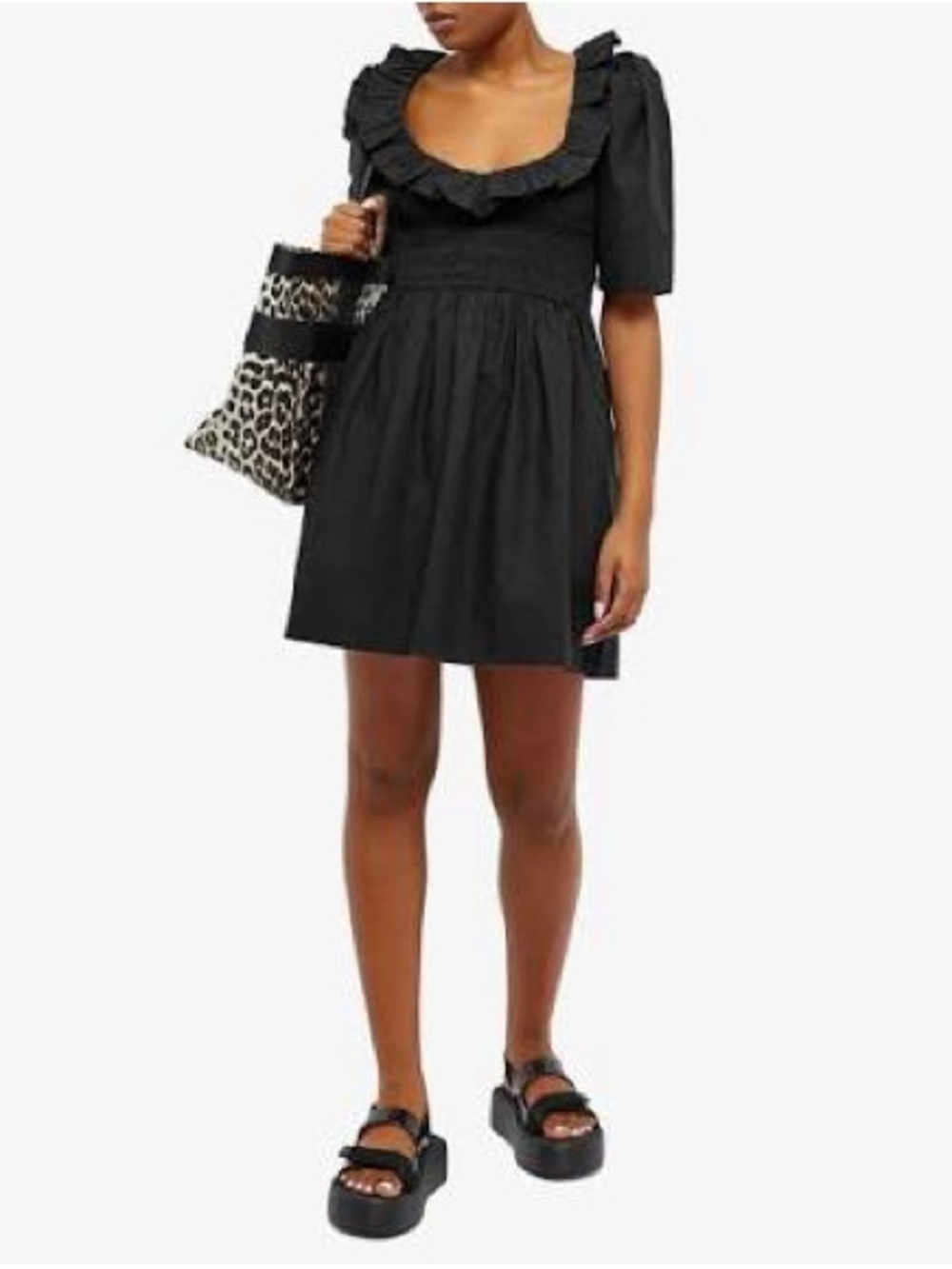 GANNI Women’s Cotton Poplin Open-Neck Smocked Mini Dress